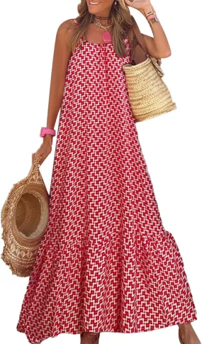 Womens Boho Tank Dress Spaghetti Strap Sleeveless Scoop Neck Maxi Dresses Summe Floral A Line Smocked Ruffle Dress