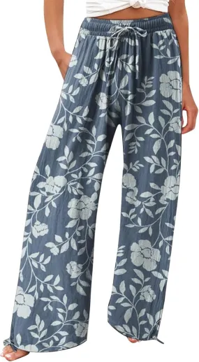 Women's Boho Wide Leg Palazzo Pants Womens Cotton Casual Loose Pants Comfy Work Pants with Long Casual Wide Leg