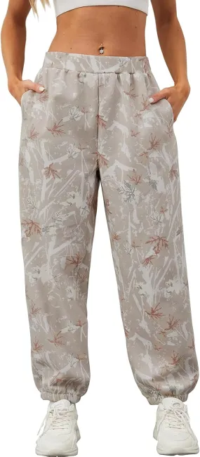 Womens Camo Pants Casual Elastic Waist Wide Leg Pants Lightweight Baggy Sweatpants with Pocket