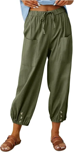Womens Capri Pants Cotton Linen Wide Leg Elastic High Waist Pants Drawstring Button Up Casual Trousers with Pockets