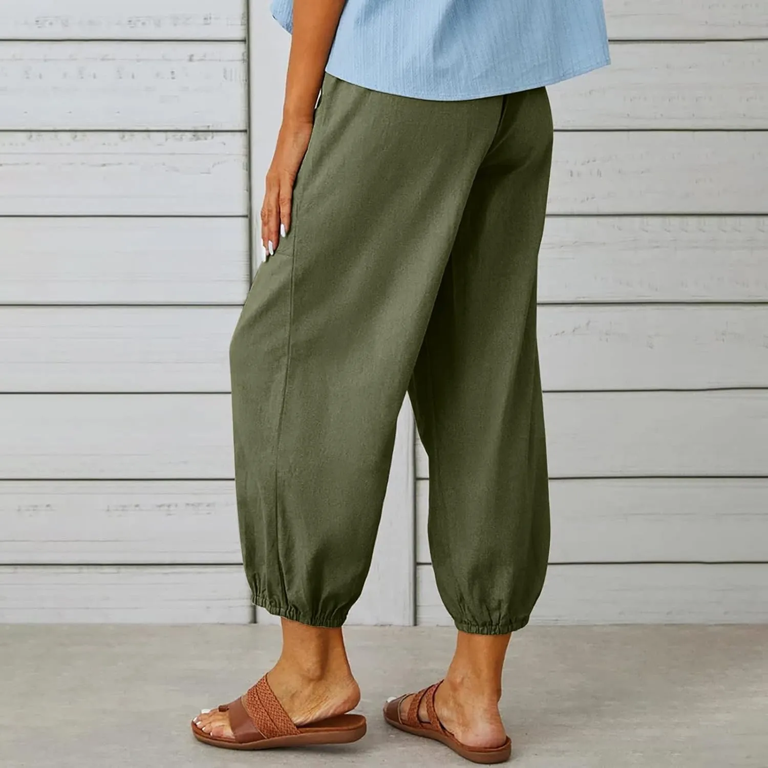Womens Capri Pants Cotton Linen Wide Leg Elastic High Waist Pants Drawstring Button Up Casual Trousers with Pockets