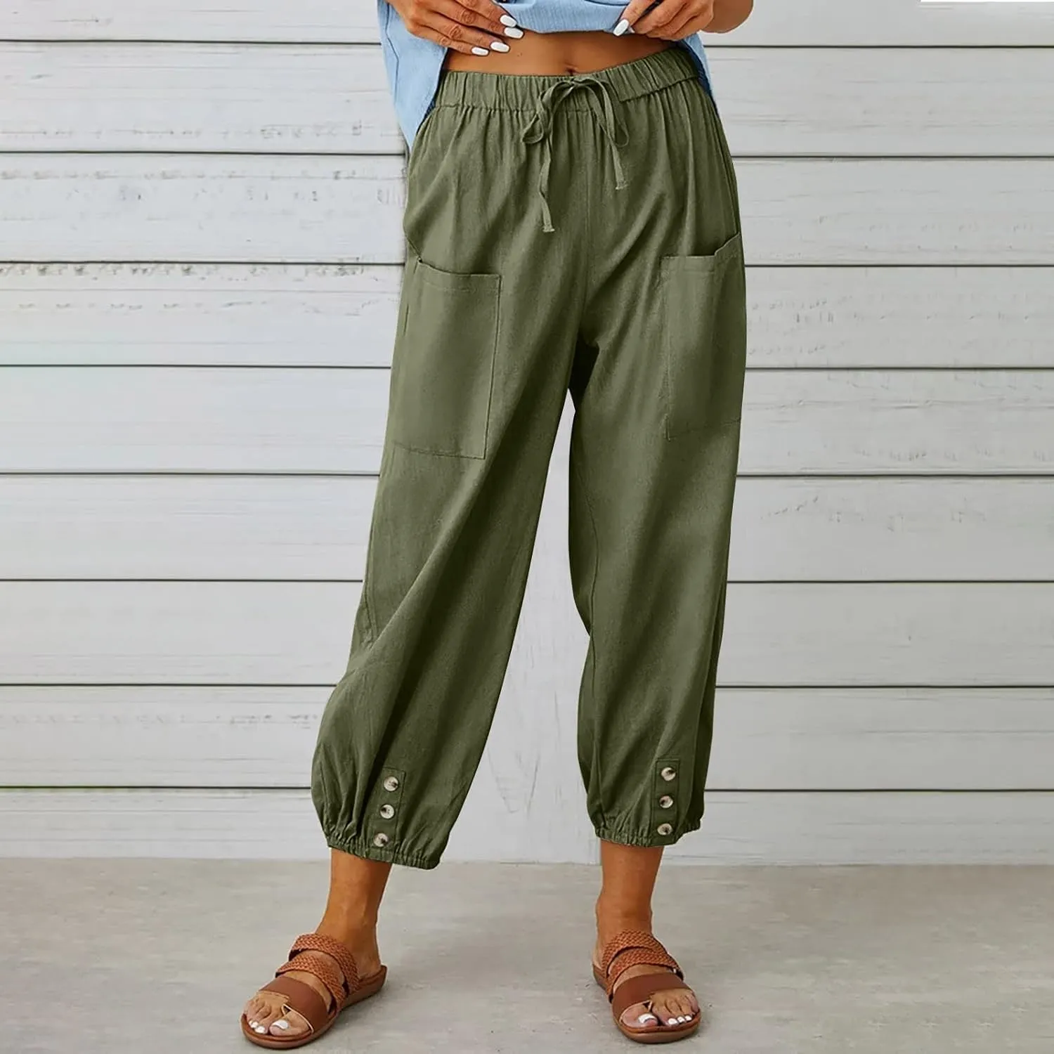 Womens Capri Pants Cotton Linen Wide Leg Elastic High Waist Pants Drawstring Button Up Casual Trousers with Pockets