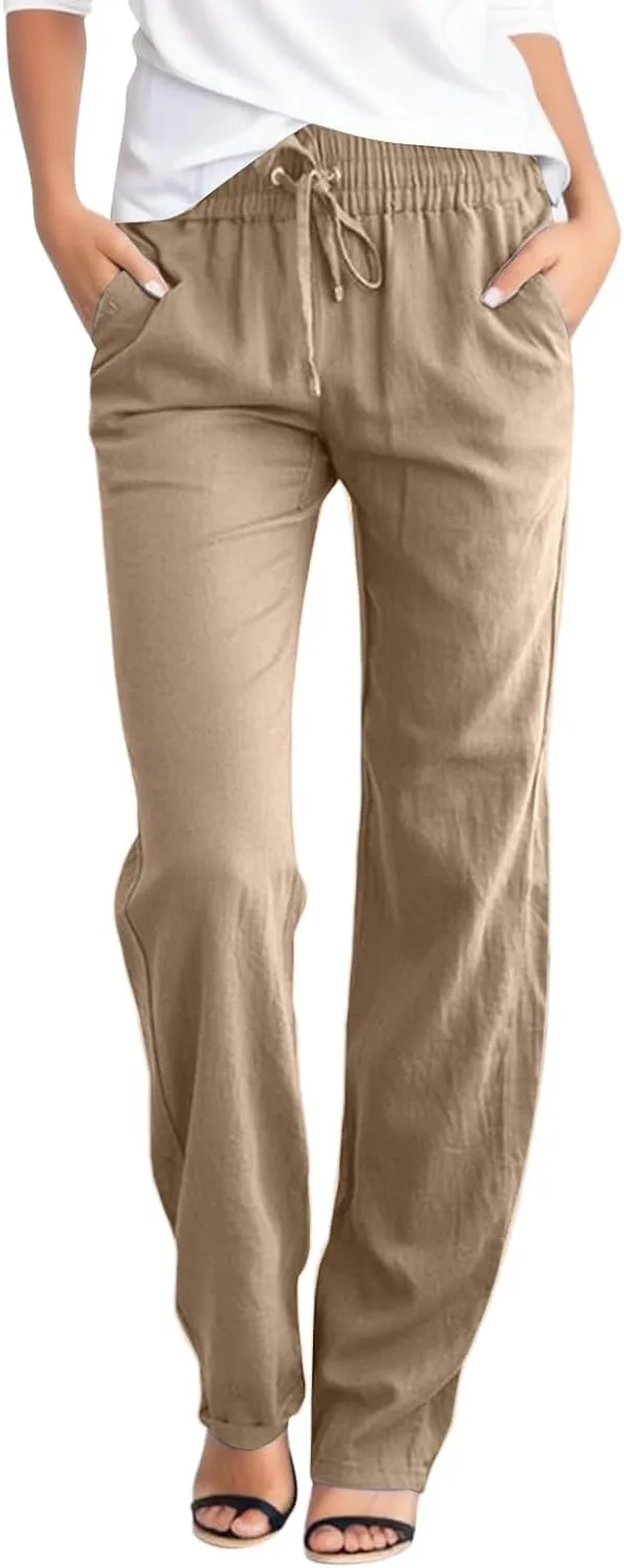 Womens Capri Pants Cotton Linen Wide Leg Elastic High Waist Pants Drawstring Button Up Casual Trousers with Pockets