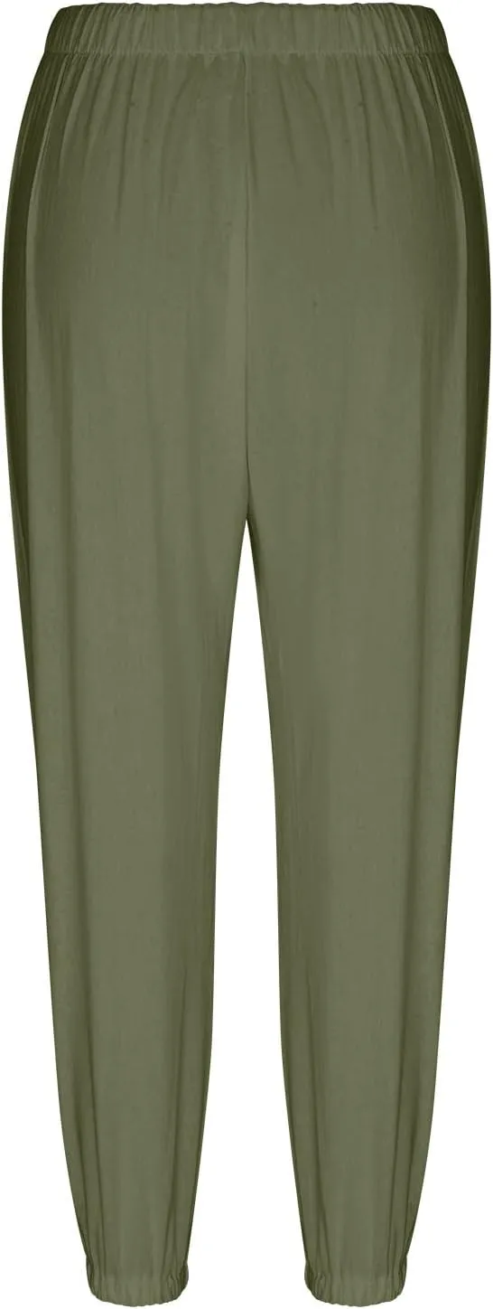 Womens Capri Pants Cotton Linen Wide Leg Elastic High Waist Pants Drawstring Button Up Casual Trousers with Pockets