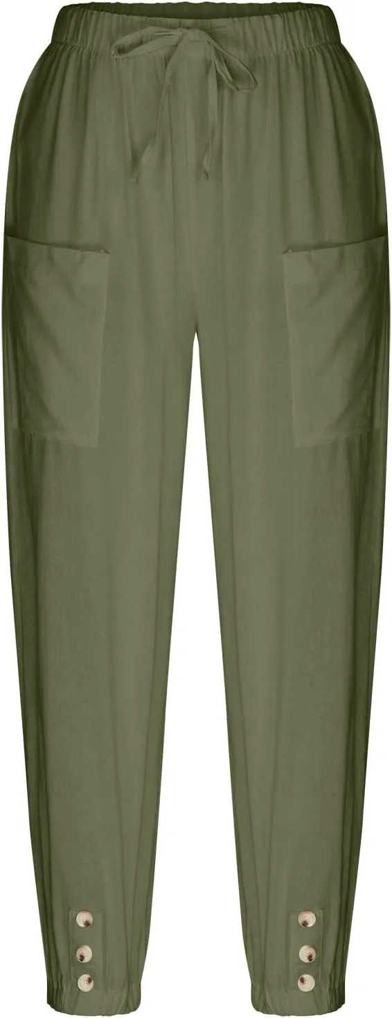 Womens Capri Pants Cotton Linen Wide Leg Elastic High Waist Pants Drawstring Button Up Casual Trousers with Pockets