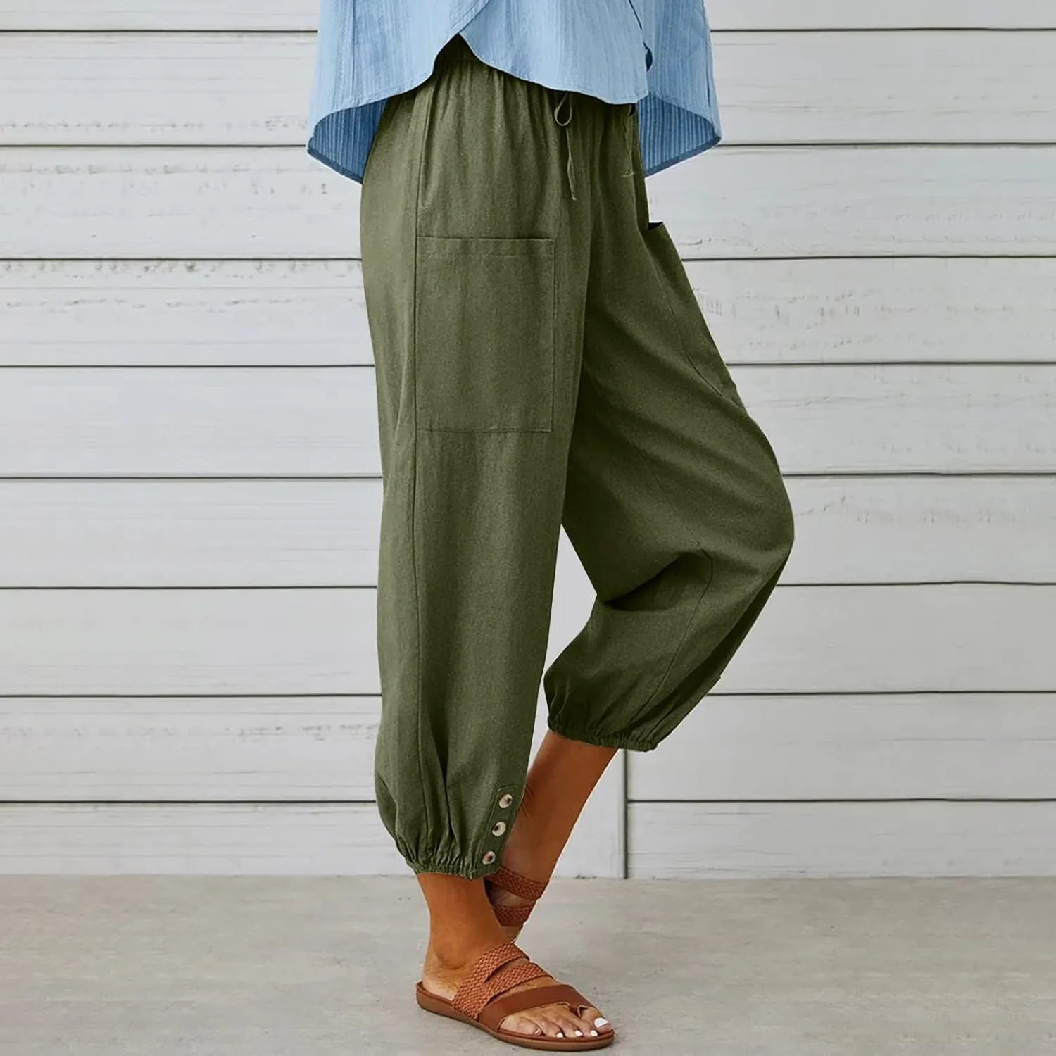 Womens Capri Pants Cotton Linen Wide Leg Elastic High Waist Pants Drawstring Button Up Casual Trousers with Pockets