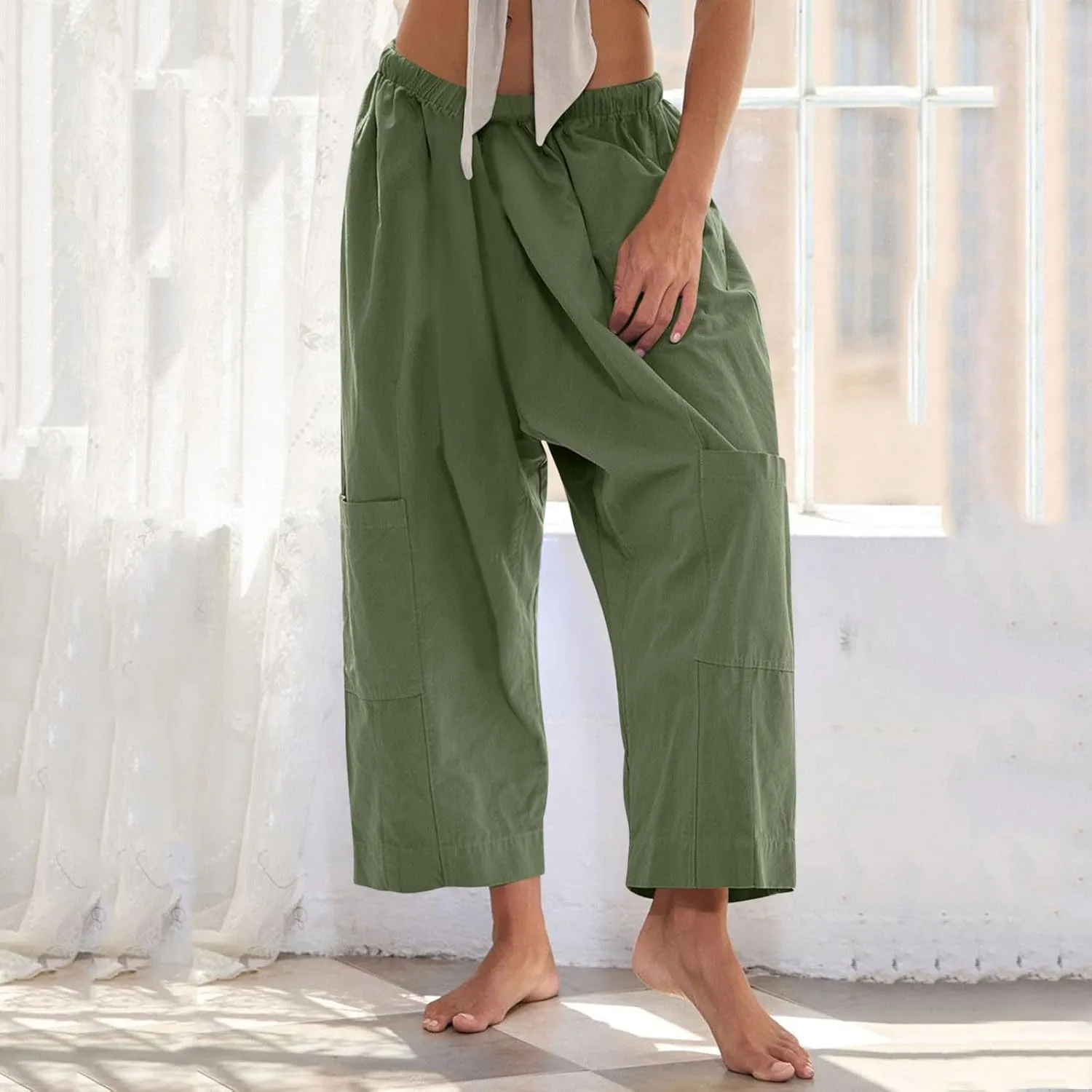 Womens Capri Pants Wide Leg Elastic High Waist Cargo Pants with Pockets Casual Loose Fit Palazzo Cropped Trousers