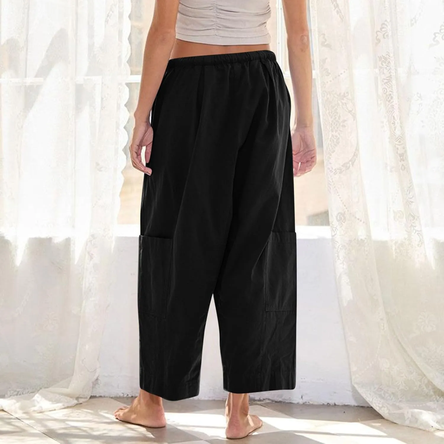 Womens Capri Pants Wide Leg Elastic High Waist Cargo Pants with Pockets Casual Loose Fit Palazzo Cropped Trousers