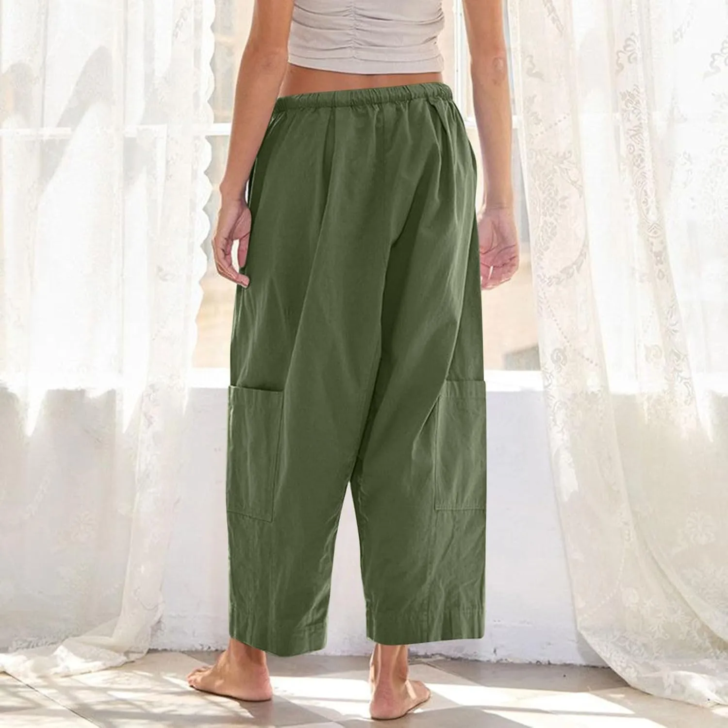 Womens Capri Pants Wide Leg Elastic High Waist Cargo Pants with Pockets Casual Loose Fit Palazzo Cropped Trousers