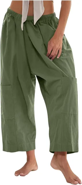 Womens Capri Pants Wide Leg Elastic High Waist Cargo Pants with Pockets Casual Loose Fit Palazzo Cropped Trousers