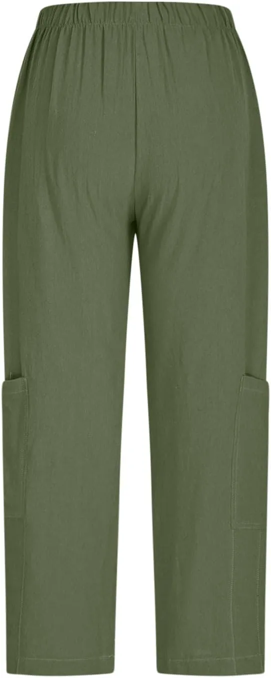 Womens Capri Pants Wide Leg Elastic High Waist Cargo Pants with Pockets Casual Loose Fit Palazzo Cropped Trousers
