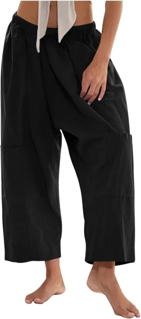 Womens Capri Pants Wide Leg Elastic High Waist Cargo Pants with Pockets Casual Loose Fit Palazzo Cropped Trousers
