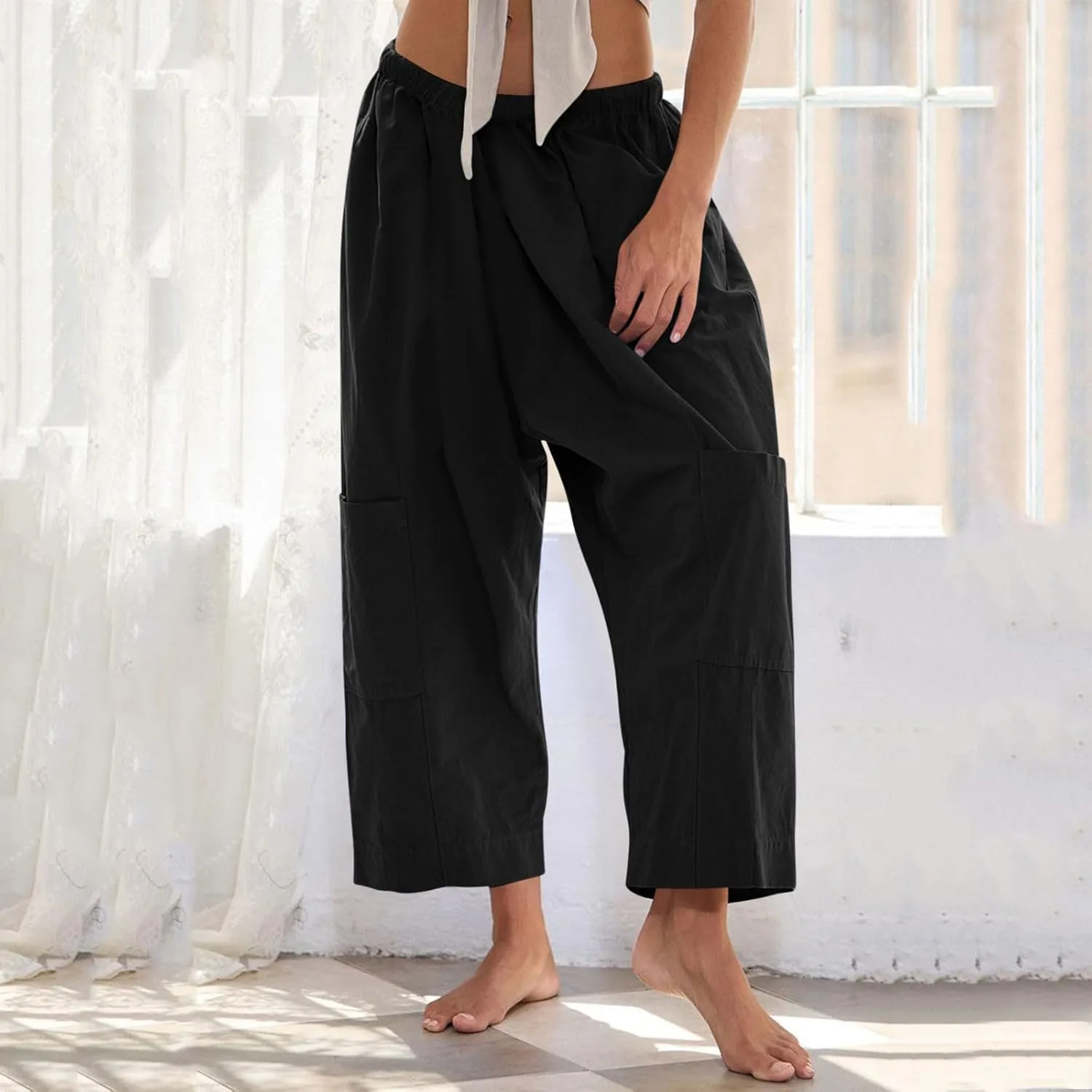 Womens Capri Pants Wide Leg Elastic High Waist Cargo Pants with Pockets Casual Loose Fit Palazzo Cropped Trousers