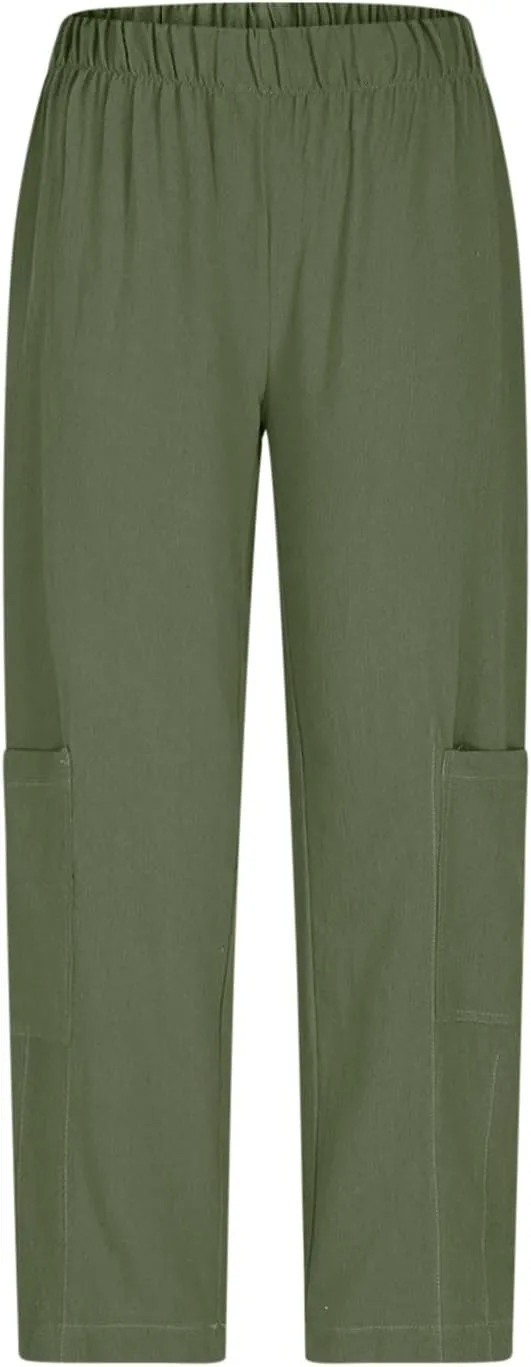Womens Capri Pants Wide Leg Elastic High Waist Cargo Pants with Pockets Casual Loose Fit Palazzo Cropped Trousers