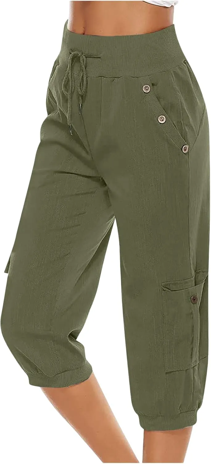 Womens Cargo Capri Pants Hiking Cropped Pants Lightweight Quick Dry Joggers Drawstring Elastic Waist Athletic Pant