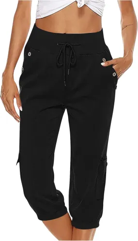 Womens Cargo Capri Pants Hiking Cropped Pants Lightweight Quick Dry Joggers Drawstring Elastic Waist Athletic Pant