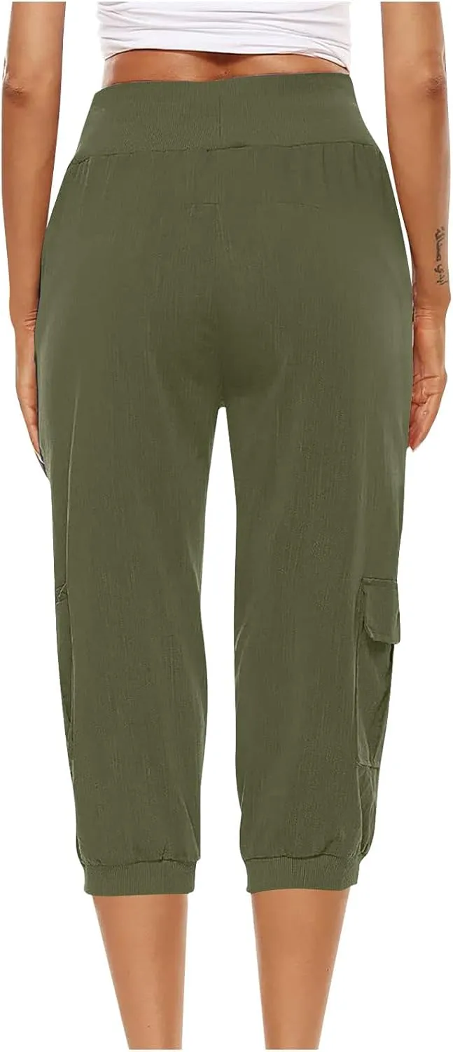 Womens Cargo Capri Pants Hiking Cropped Pants Lightweight Quick Dry Joggers Drawstring Elastic Waist Athletic Pant