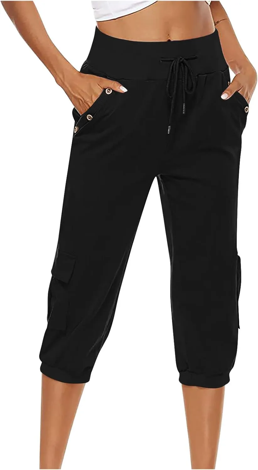 Womens Cargo Capri Pants Hiking Cropped Pants Lightweight Quick Dry Joggers Drawstring Elastic Waist Athletic Pant