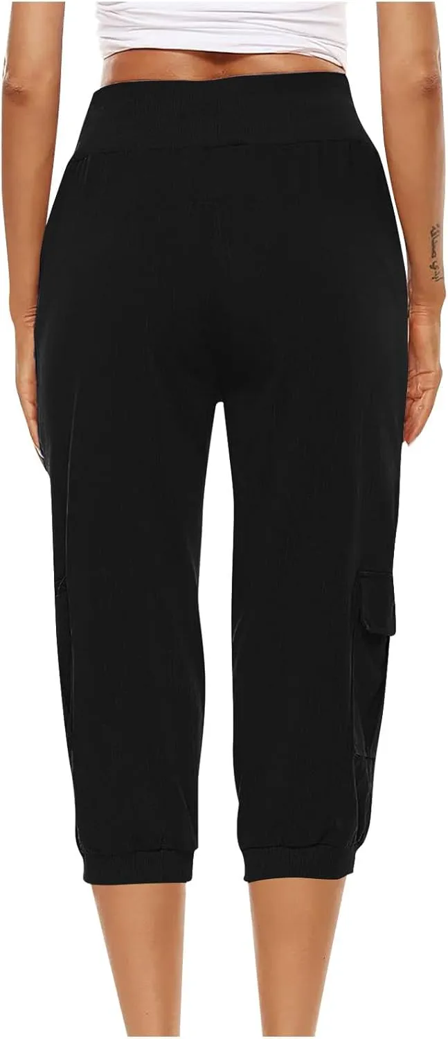 Womens Cargo Capri Pants Hiking Cropped Pants Lightweight Quick Dry Joggers Drawstring Elastic Waist Athletic Pant