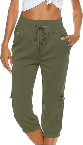 Womens Cargo Capri Pants Hiking Cropped Pants Lightweight Quick Dry Joggers Drawstring Elastic Waist Athletic Pant
