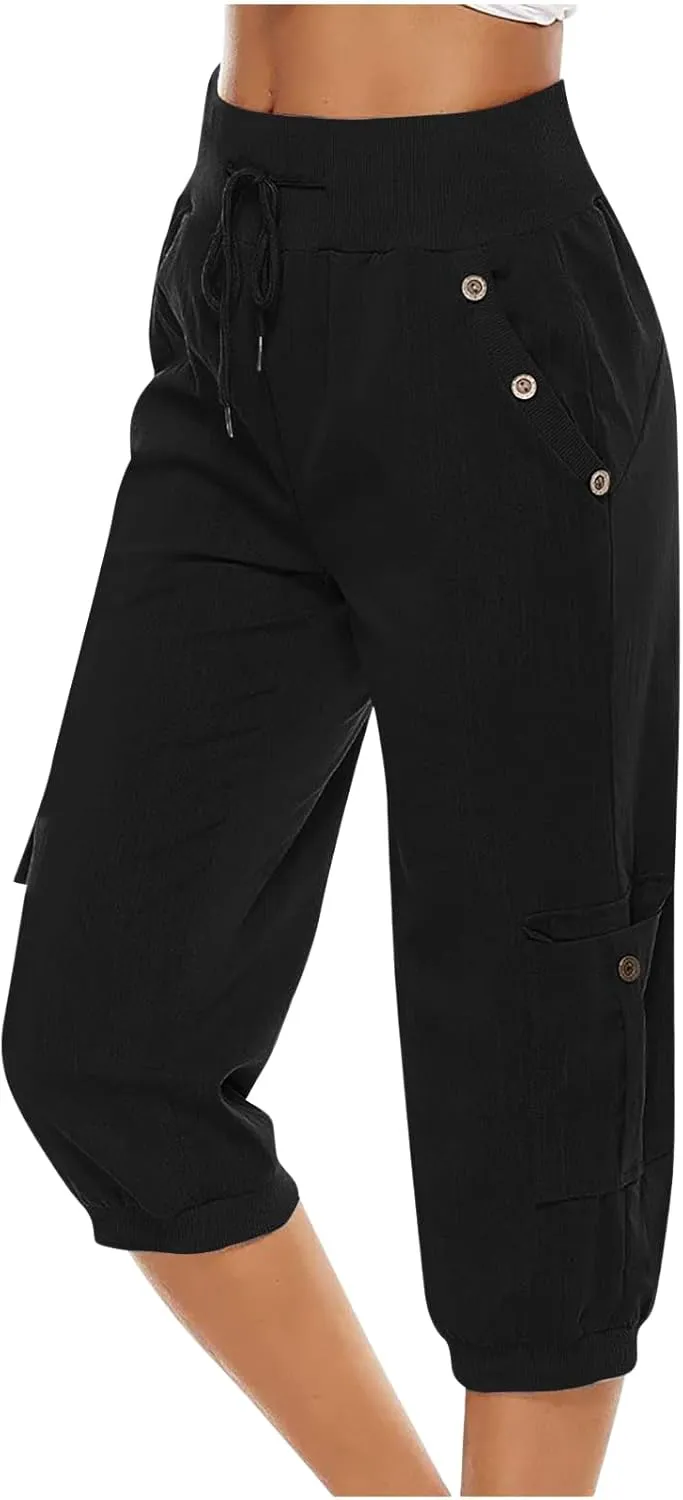 Womens Cargo Capri Pants Hiking Cropped Pants Lightweight Quick Dry Joggers Drawstring Elastic Waist Athletic Pant