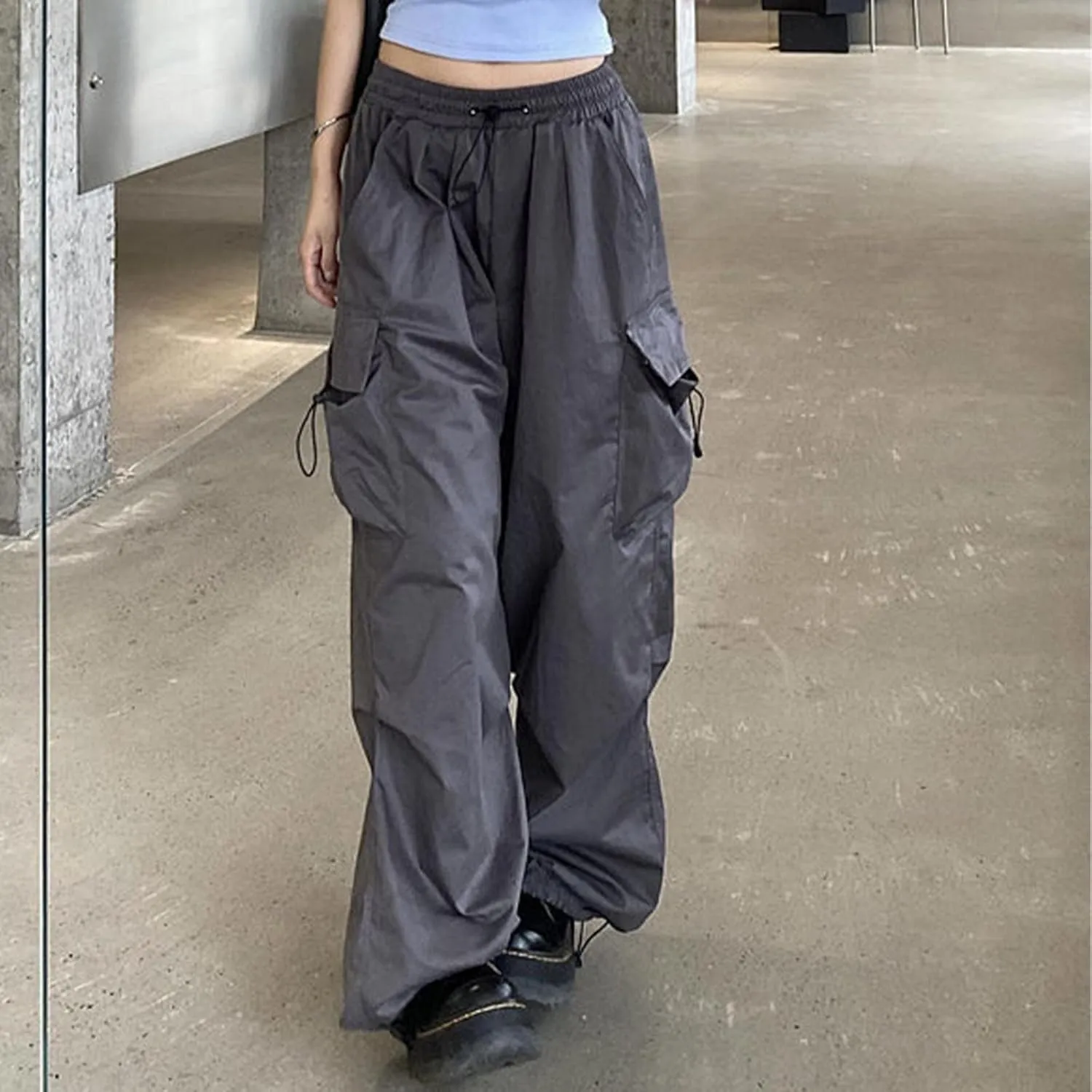 Womens Cargo Pants High Waisted Drawstring Y2K Hiking Trousers Baggy Comfy Trendy Streetwear Baggy Pant Multi Pockets