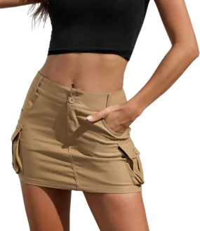 Womens Cargo Skirt Y2k Low Waist Button Bodycon Denim Mini Skirt with Flap Pockets