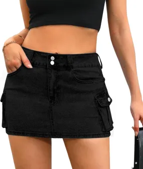 Womens Cargo Skirt Y2k Low Waist Button Bodycon Denim Mini Skirt with Flap Pockets