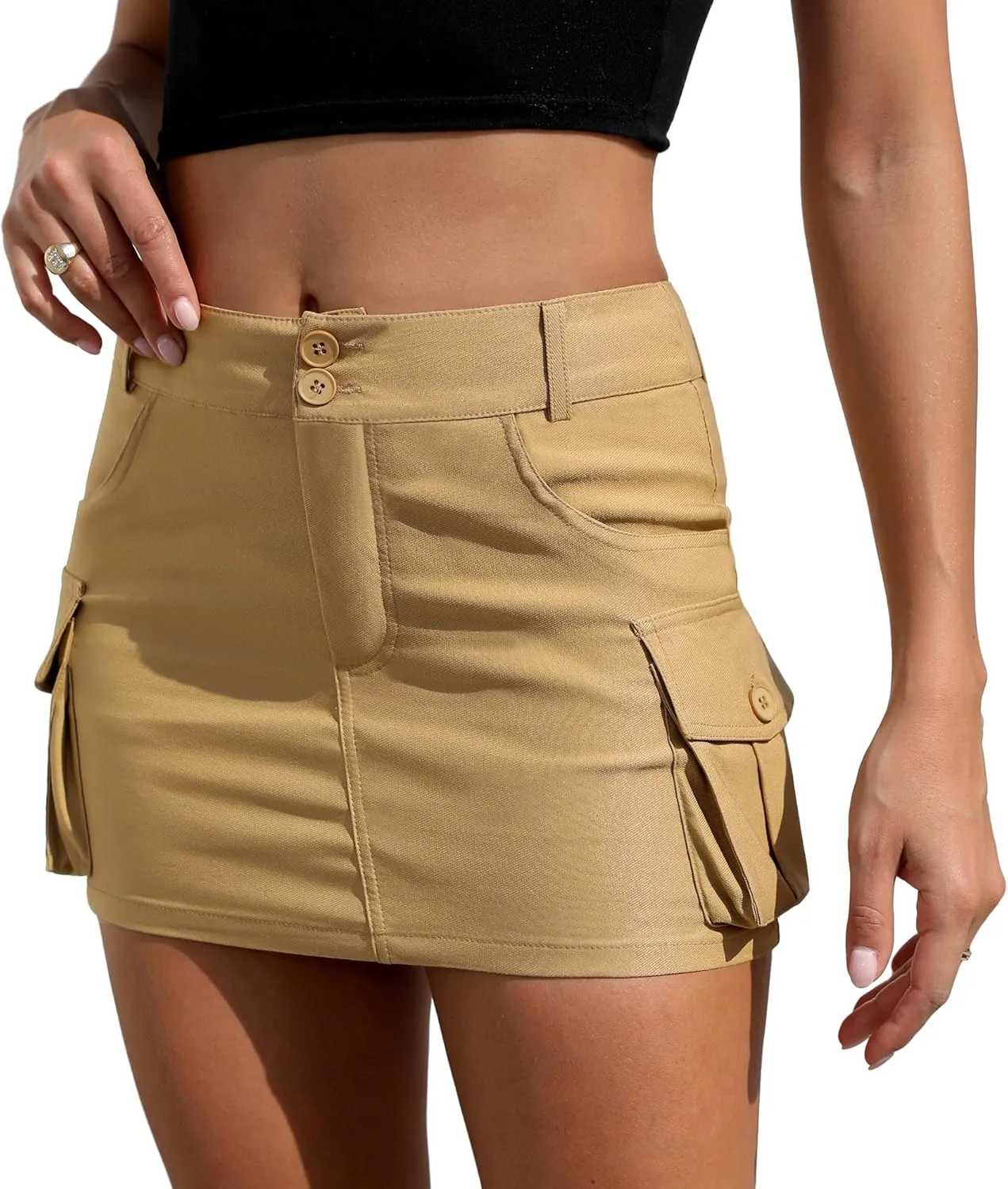 Womens Cargo Skirt Y2k Low Waist Button Bodycon Denim Mini Skirt with Flap Pockets