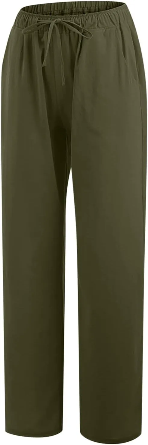 Womens Casual Cotton Linen Pants High Waist Drawstring Wide Leg Palazzo Pant Lightweight Loose Fit Lounge Trousers