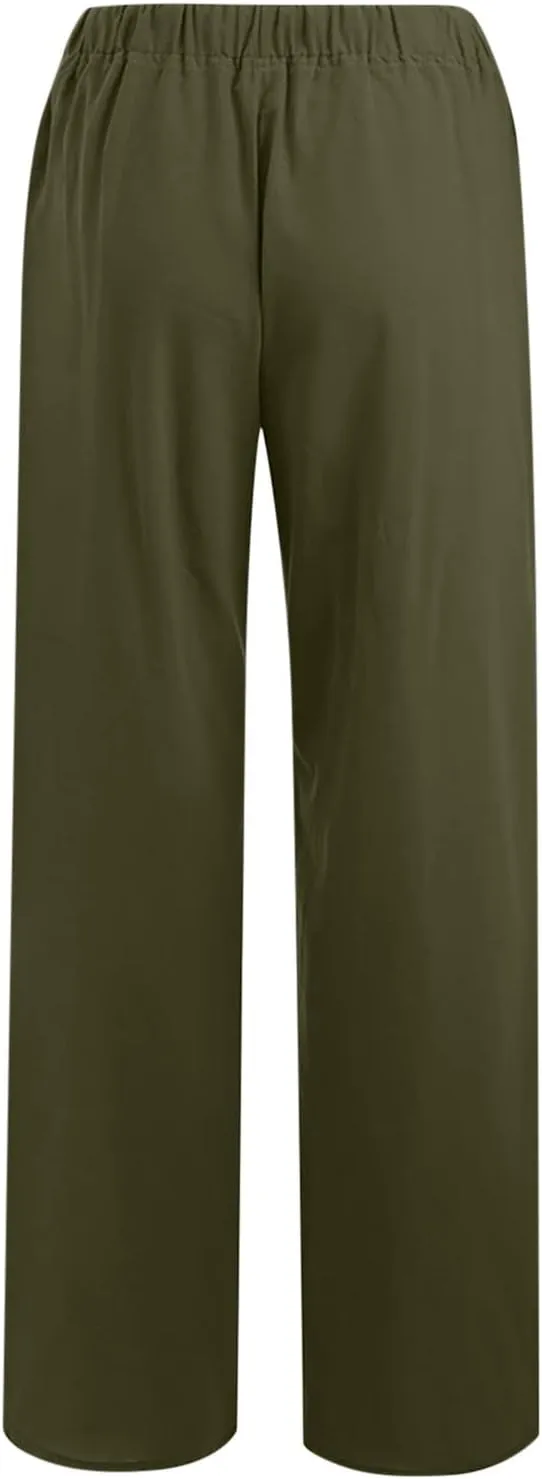 Womens Casual Cotton Linen Pants High Waist Drawstring Wide Leg Palazzo Pant Lightweight Loose Fit Lounge Trousers
