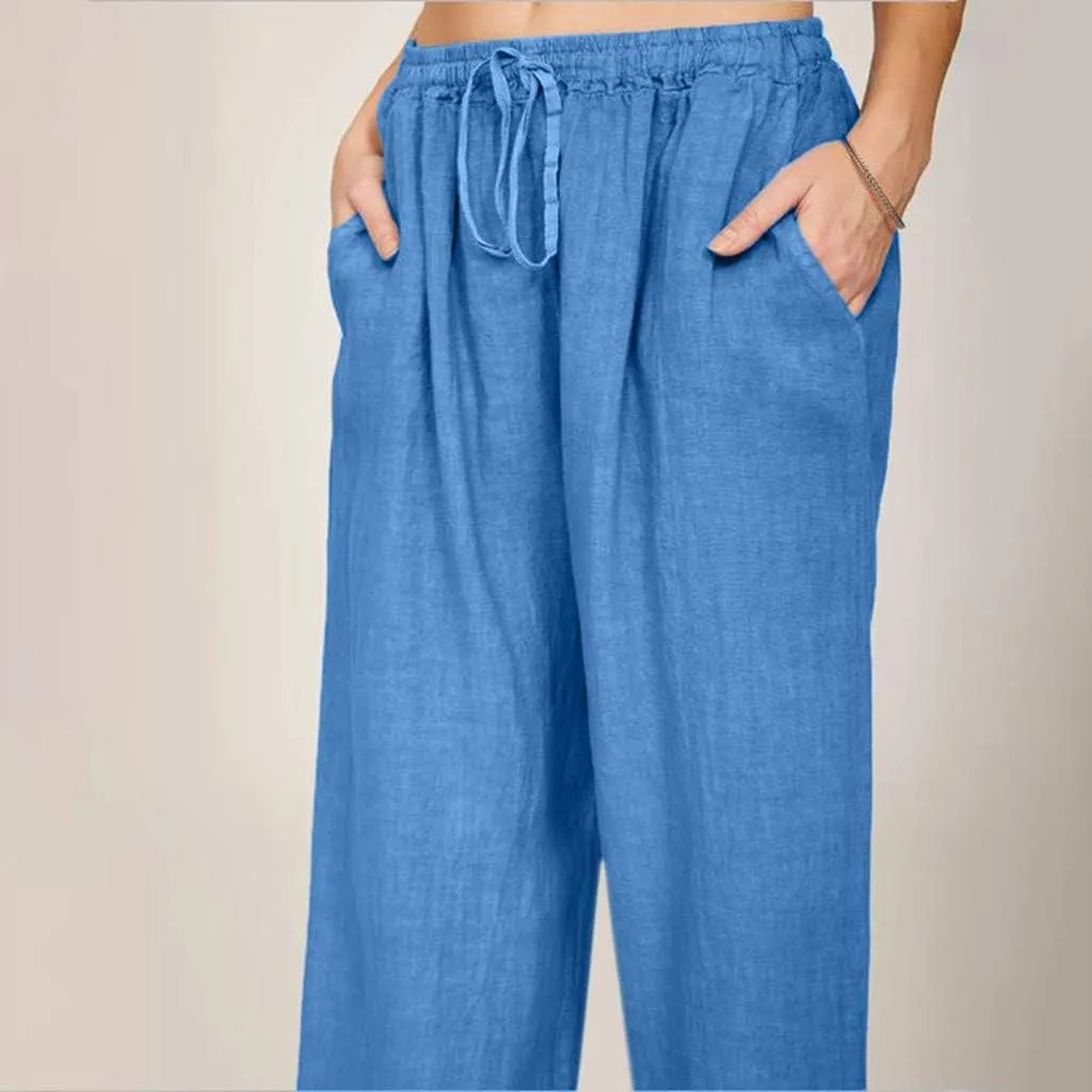 Womens Casual Cotton Linen Pants High Waist Drawstring Wide Leg Palazzo Pant Lightweight Loose Fit Lounge Trousers