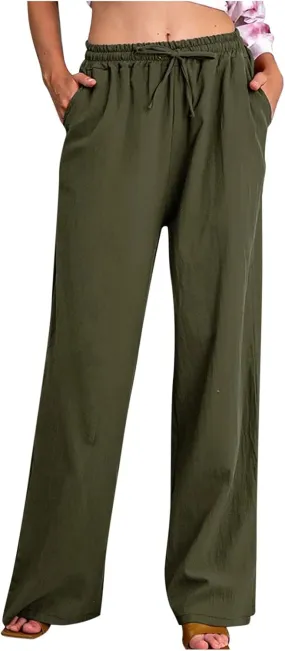Womens Casual Cotton Linen Pants High Waist Drawstring Wide Leg Palazzo Pant Lightweight Loose Fit Lounge Trousers