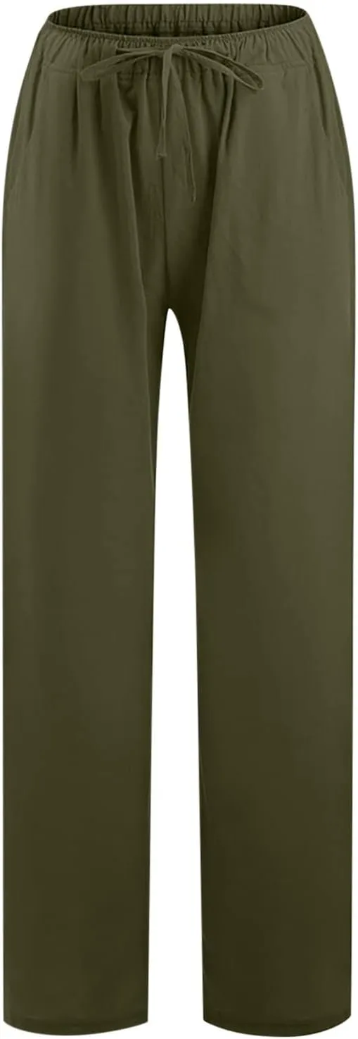 Womens Casual Cotton Linen Pants High Waist Drawstring Wide Leg Palazzo Pant Lightweight Loose Fit Lounge Trousers