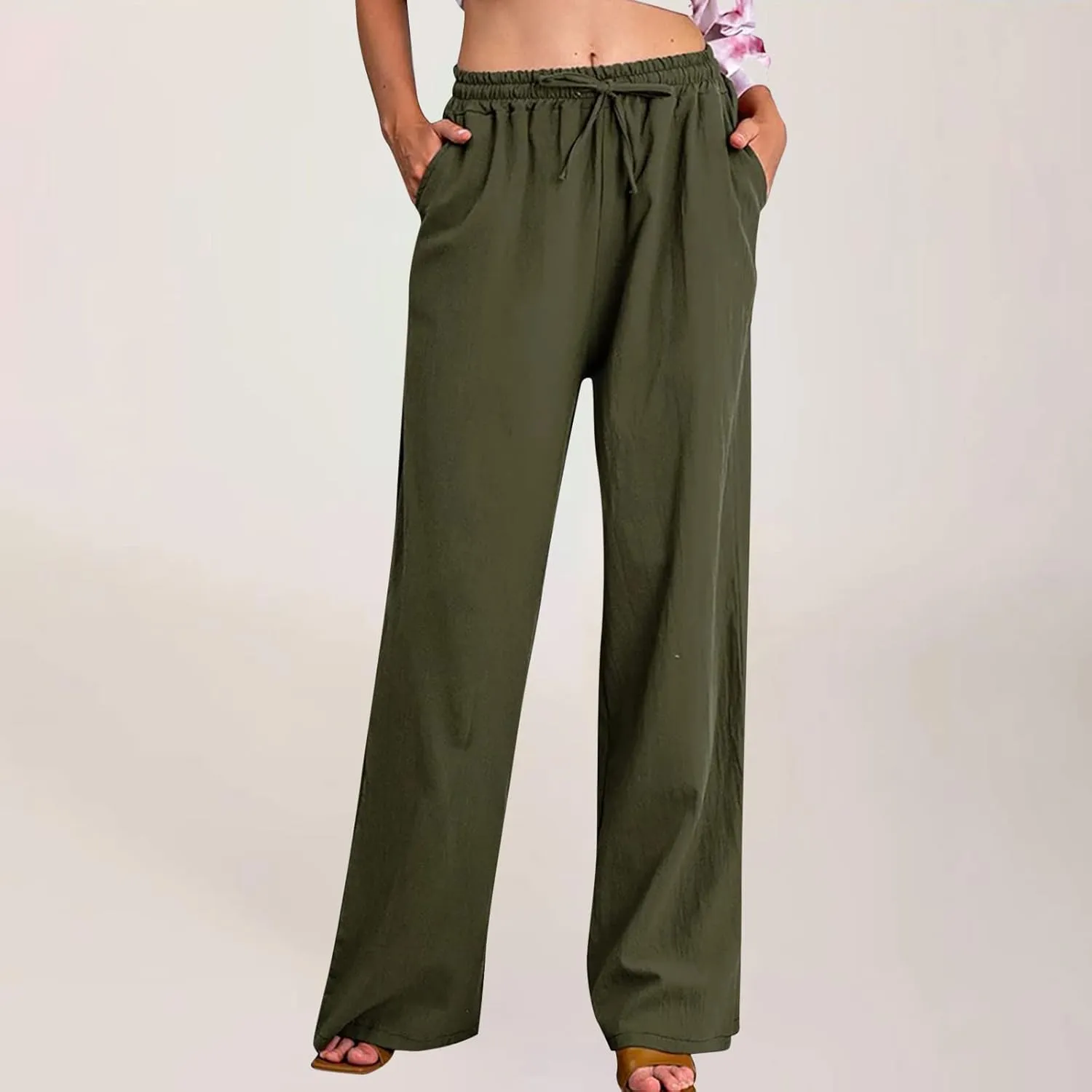 Womens Casual Cotton Linen Pants High Waist Drawstring Wide Leg Palazzo Pant Lightweight Loose Fit Lounge Trousers