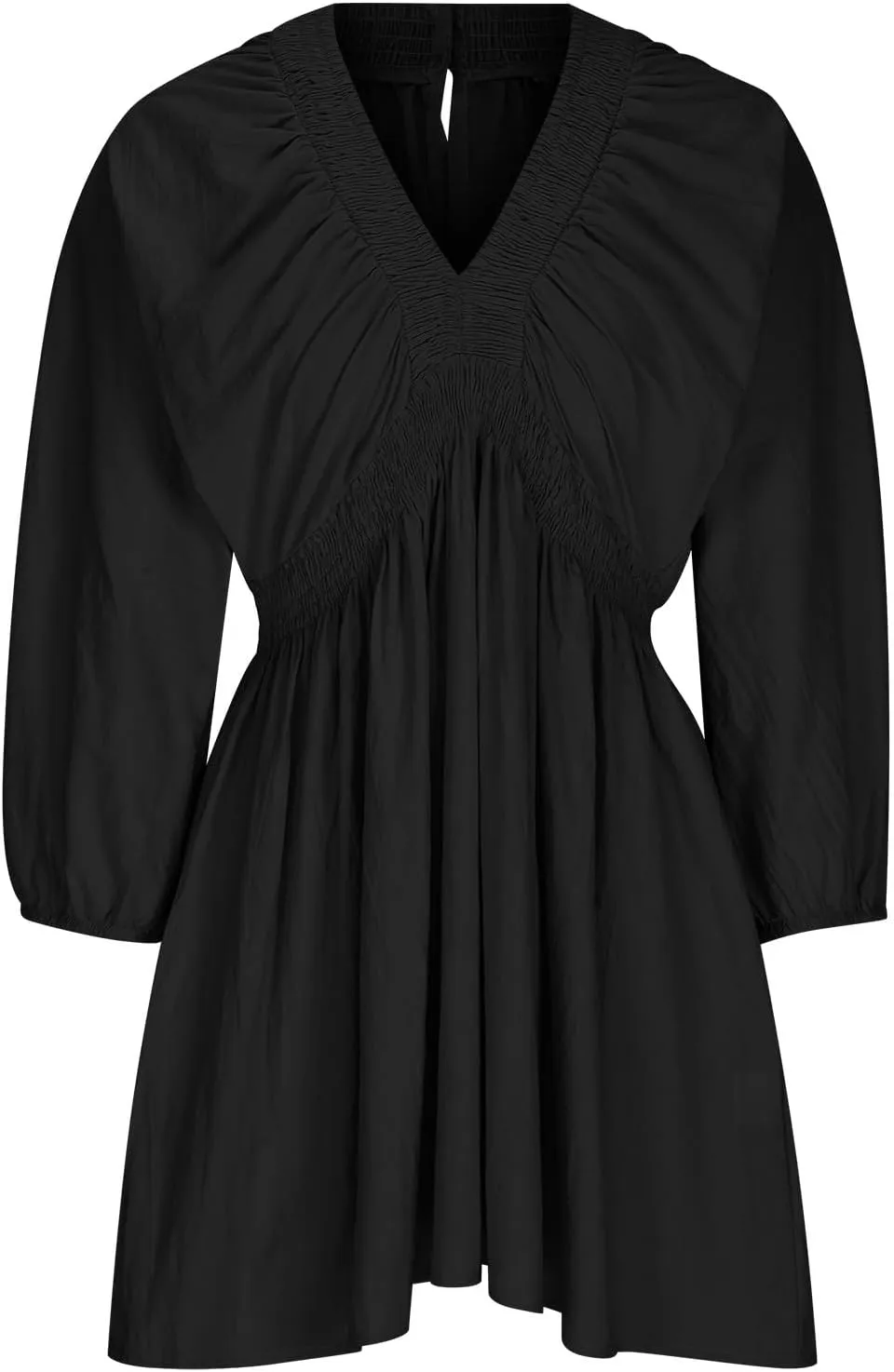 Women's Casual Deep V Neck Long Sleeve Smocked High Waist Ruffle A Line Mini Dresses Trendy Flowy Swing Pleated Dress