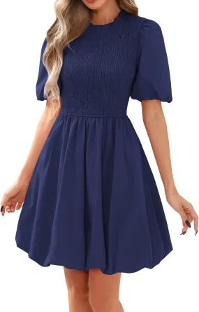 Womens Casual Dress Boho Puff Short Sleeve Smocked Ruffle Mini Dress Summer Flowy Swing Cute Bubble A-Line Sundress