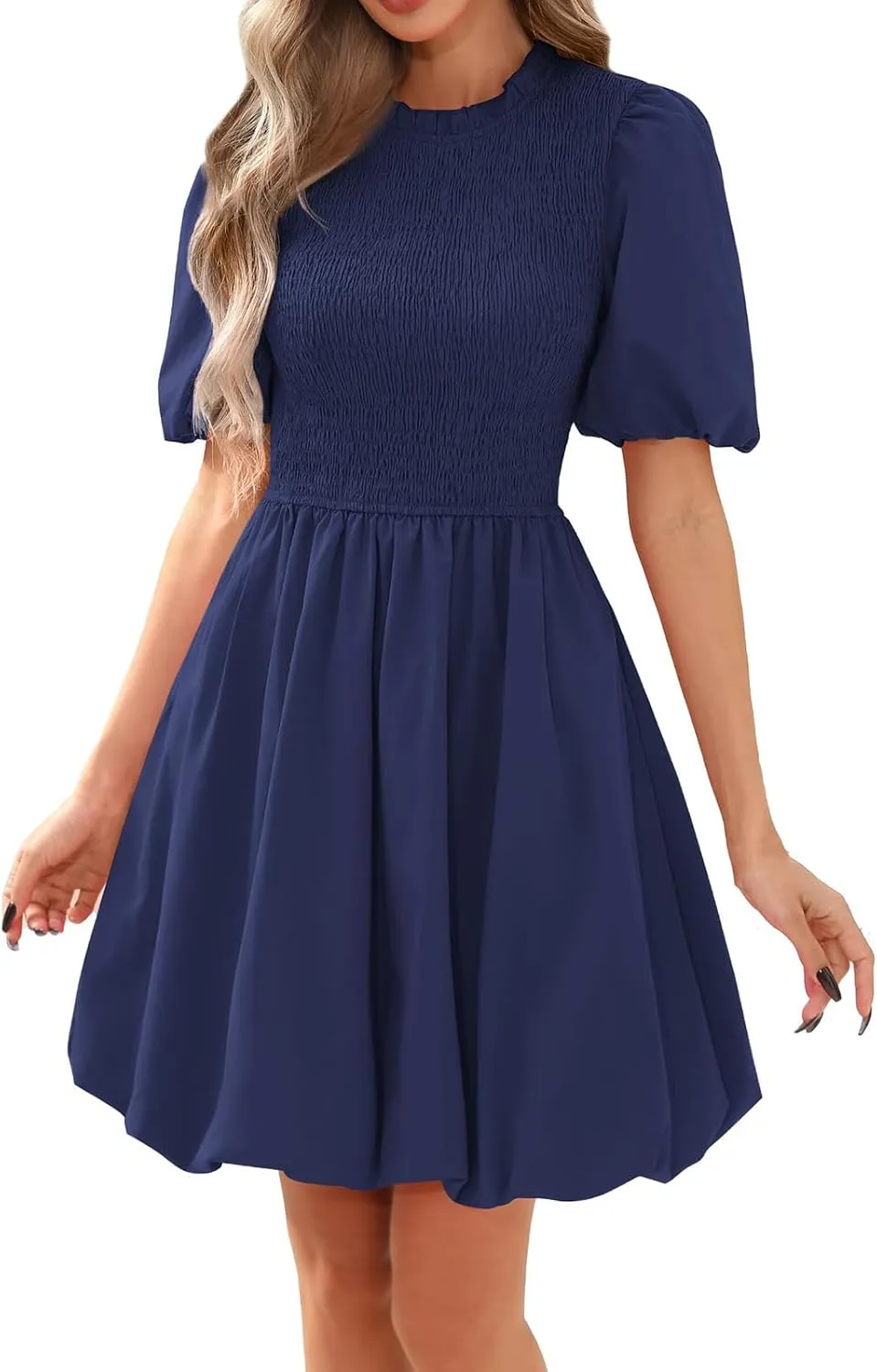 Womens Casual Dress Boho Puff Short Sleeve Smocked Ruffle Mini Dress Summer Flowy Swing Cute Bubble A-Line Sundress