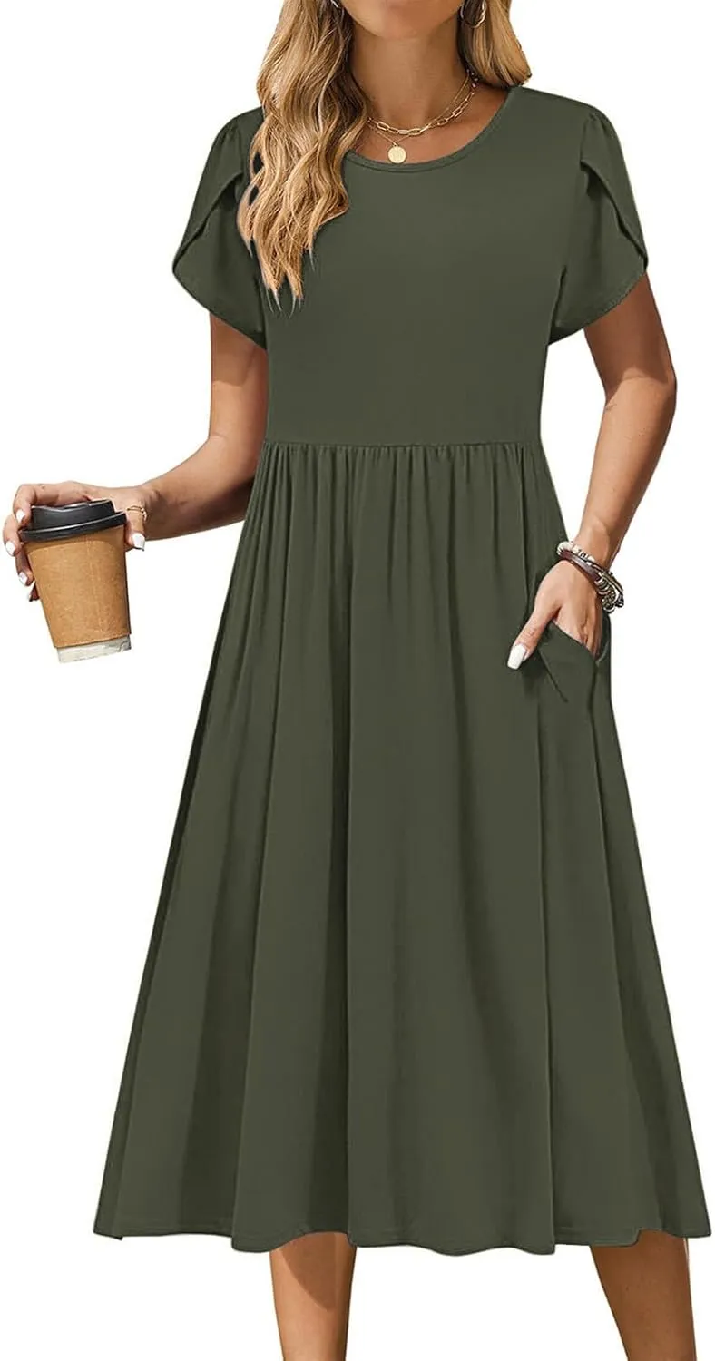 Womens Casual Dress for Summer Short Sleeve Pleated Dress Flowy Floral Beach Dress with Pockets A Line Midi Sundress