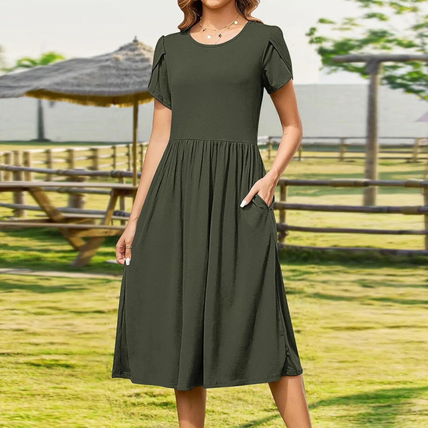 Womens Casual Dress for Summer Short Sleeve Pleated Dress Flowy Floral Beach Dress with Pockets A Line Midi Sundress