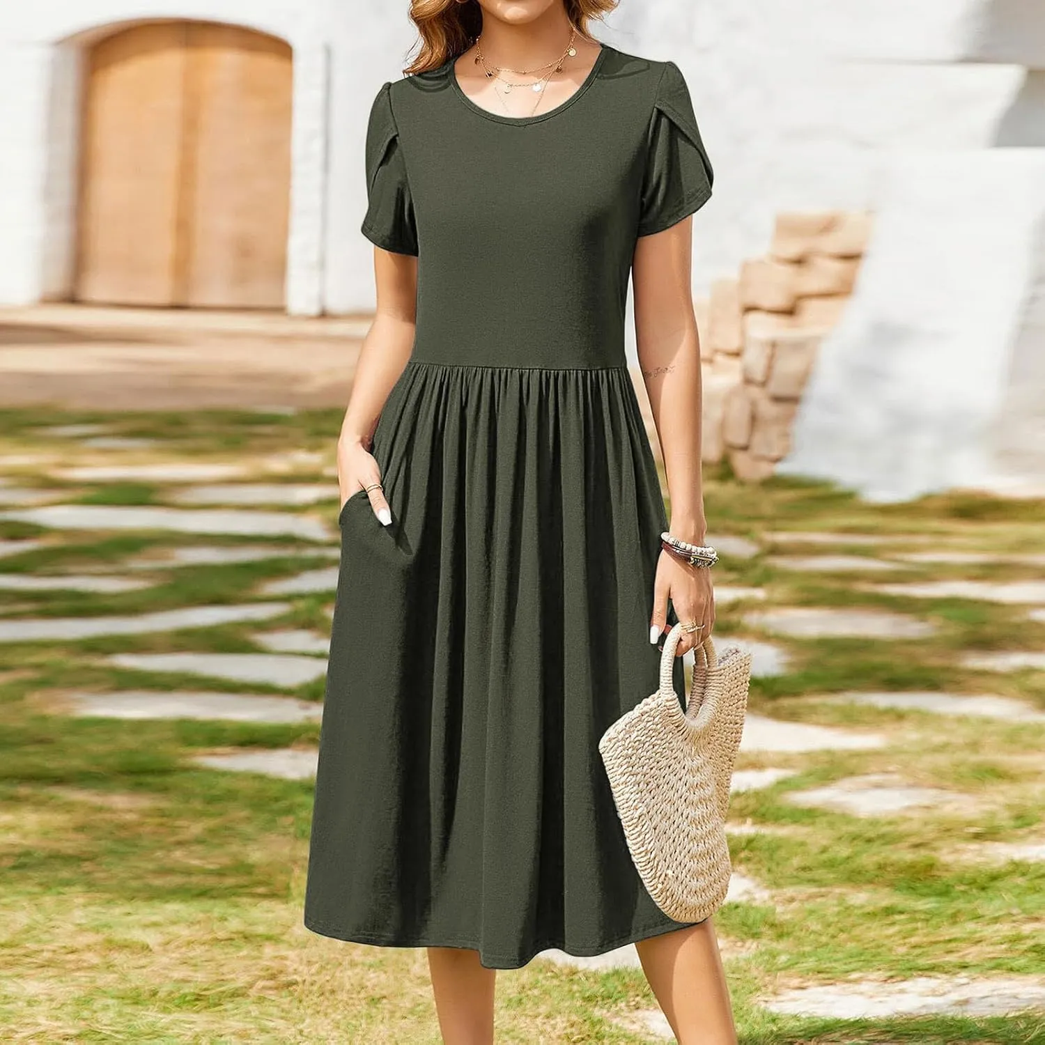 Womens Casual Dress for Summer Short Sleeve Pleated Dress Flowy Floral Beach Dress with Pockets A Line Midi Sundress