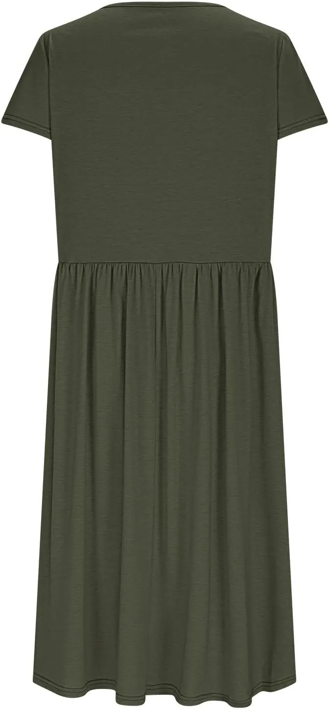 Womens Casual Dress for Summer Short Sleeve Pleated Dress Flowy Floral Beach Dress with Pockets A Line Midi Sundress