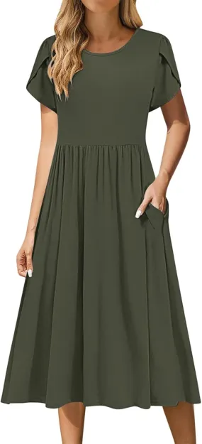 Womens Casual Dress for Summer Short Sleeve Pleated Dress Flowy Floral Beach Dress with Pockets A Line Midi Sundress