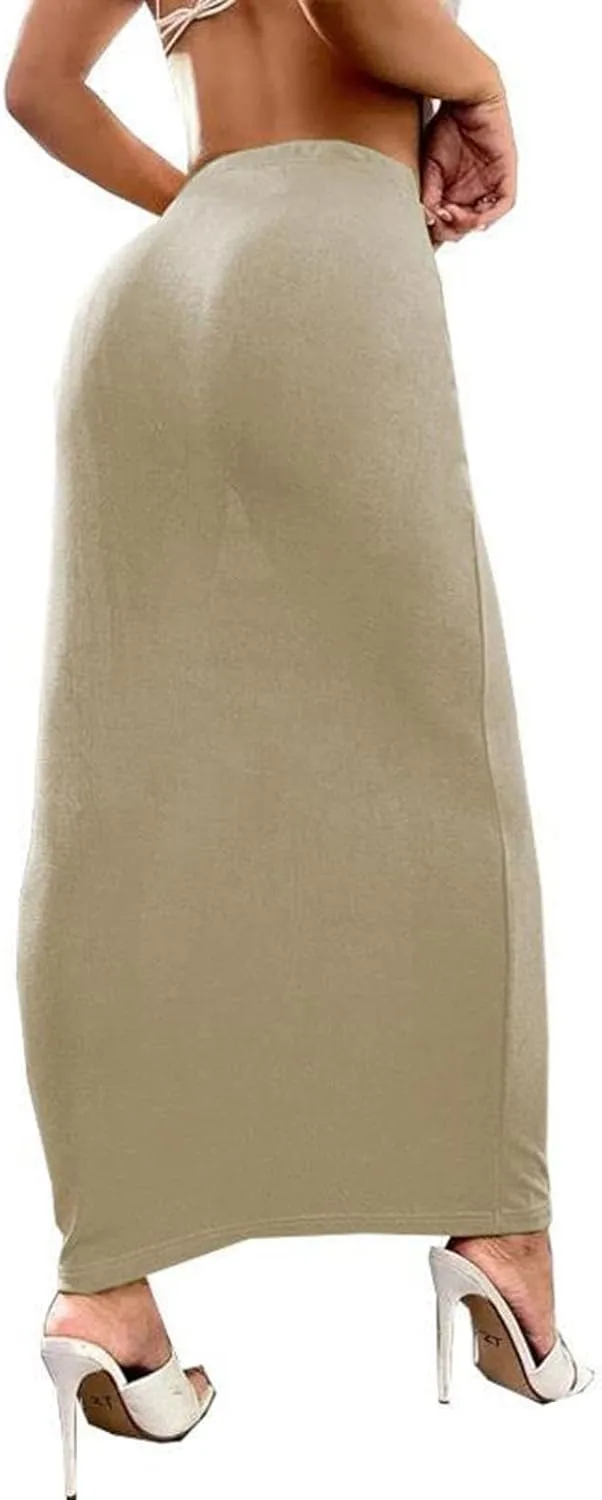 Womens Casual Elastic High Waist Skirts Summer Solid Bodycon Long Maxi Skirt Sexy Slim Trendy Party Half Slip Skirts