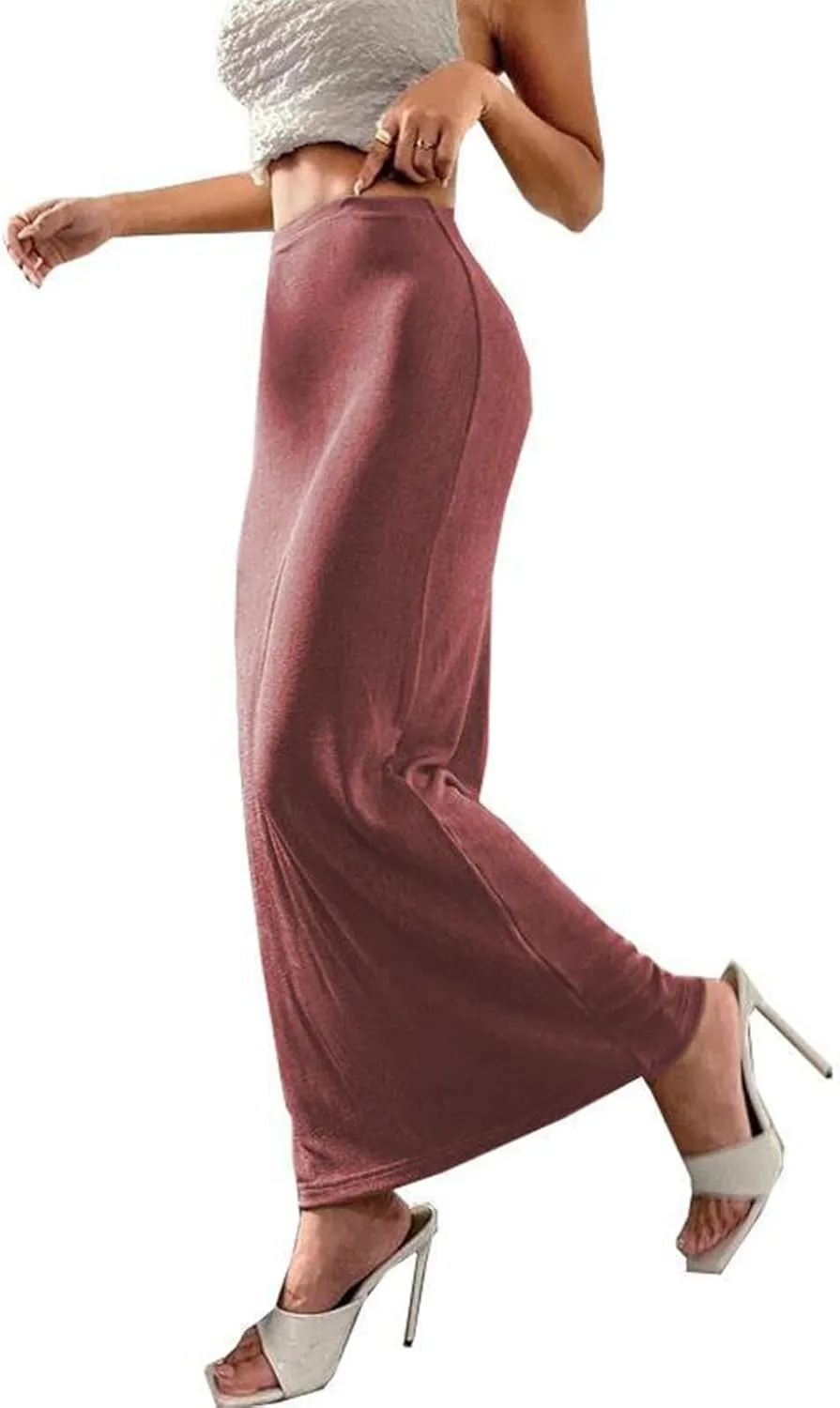 Womens Casual Elastic High Waist Skirts Summer Solid Bodycon Long Maxi Skirt Sexy Slim Trendy Party Half Slip Skirts