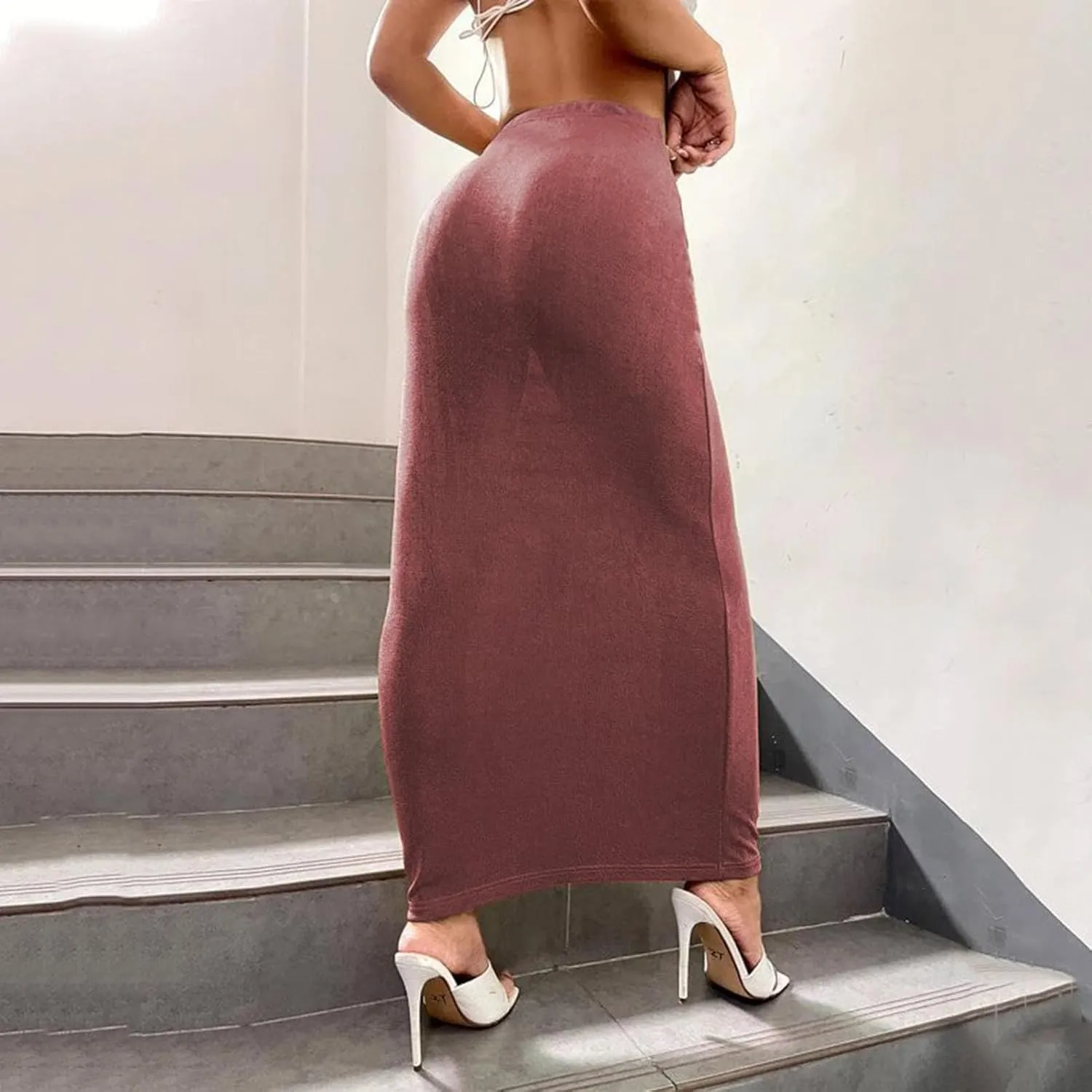 Womens Casual Elastic High Waist Skirts Summer Solid Bodycon Long Maxi Skirt Sexy Slim Trendy Party Half Slip Skirts