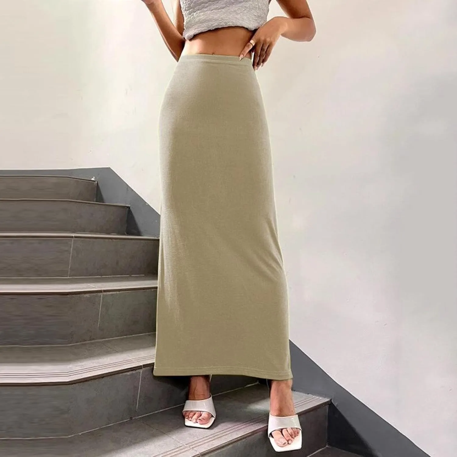 Womens Casual Elastic High Waist Skirts Summer Solid Bodycon Long Maxi Skirt Sexy Slim Trendy Party Half Slip Skirts