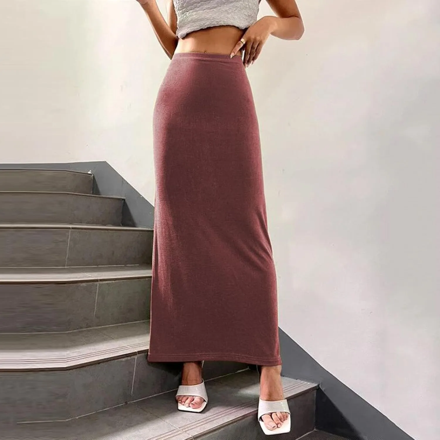 Womens Casual Elastic High Waist Skirts Summer Solid Bodycon Long Maxi Skirt Sexy Slim Trendy Party Half Slip Skirts
