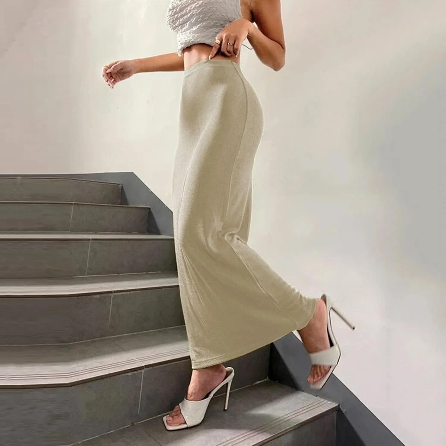 Womens Casual Elastic High Waist Skirts Summer Solid Bodycon Long Maxi Skirt Sexy Slim Trendy Party Half Slip Skirts