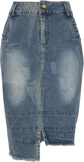 Women's Casual High Waisted Denim Skirts Stretch Knee Length Slim Fit Pencil Jean Skirt Wrap Bodycon Dress